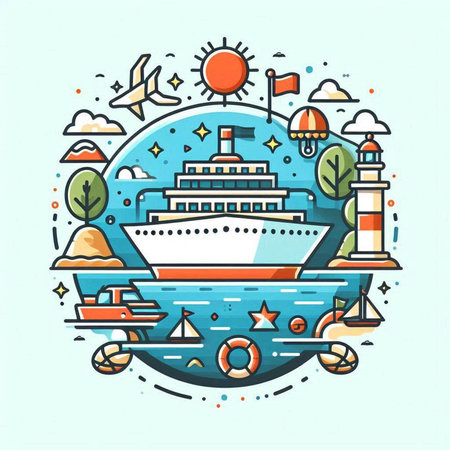 Cruise ship and sea life. Vector illustration in linear style.のイラスト素材