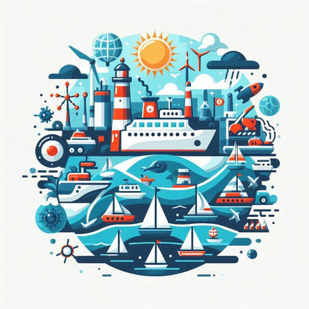 Vector illustration of sea travel and vacation concept in flat design. Ship, boat, lighthouse, windmills, solar panels, wind turbines, solar panels and other elements.のイラスト素材