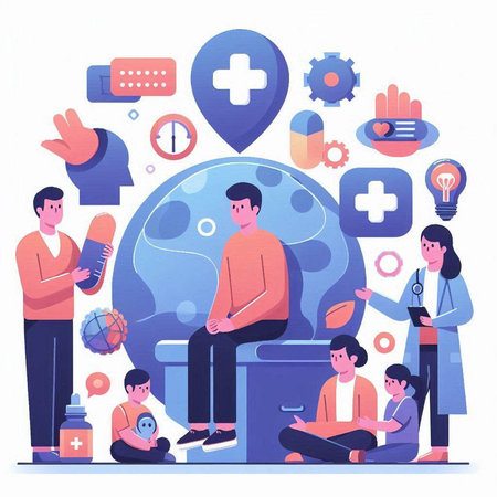 Healthcare and medicine concept with people characters. Vector illustration in flat styleのイラスト素材