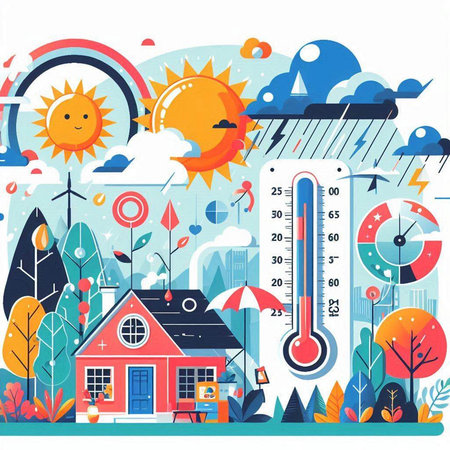 Vector illustration of the concept of climate change. Thermometer and house on the background of nature.のイラスト素材