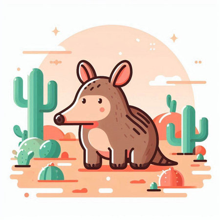 Cute cartoon hedgehog on the desert. Vector illustration in flat style.のイラスト素材