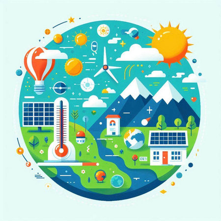 Flat design concept of green energy, renewable energy sources, solar panels and windmills. Vector illustrationのイラスト素材