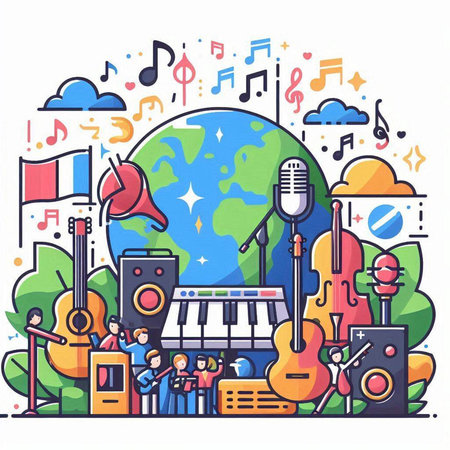 Music festival background. Flat line art vector illustration. Cartoon style concept for web, site, advertising, banner, poster, board and print.のイラスト素材