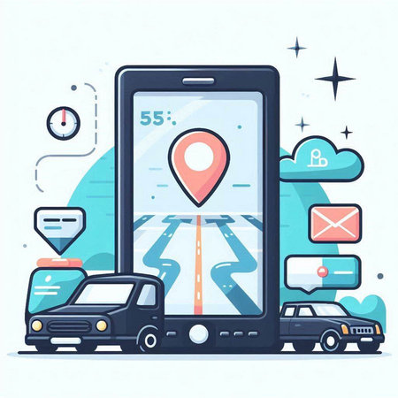 Mobile navigation concept. Vector illustration in flat design style. Smartphone with GPS navigator, car, taxi, map, speedometer.のイラスト素材