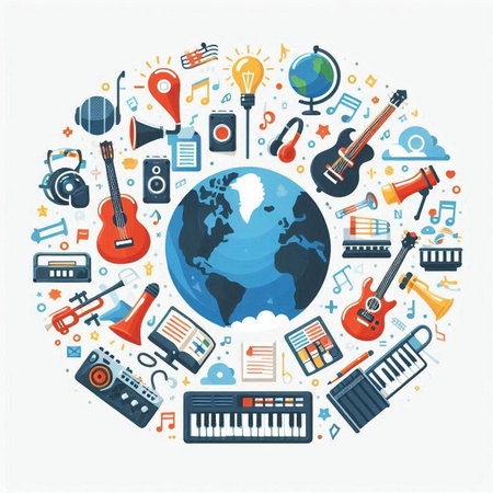 Set of musical instruments around the globe. Vector illustration in flat styleのイラスト素材