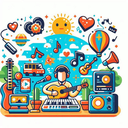 Vector illustration of a music festival with musical instruments. Flat style designのイラスト素材