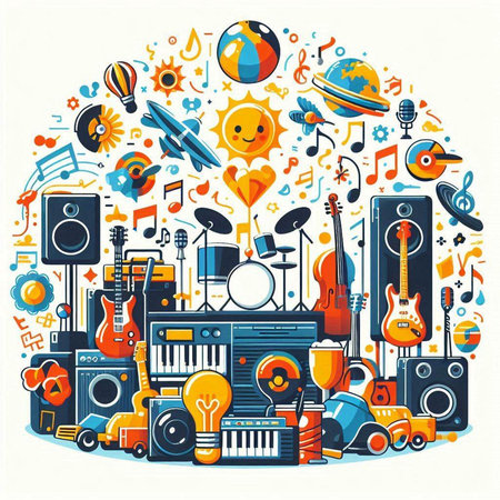 Music background with musical instruments. Vector illustration in doodle styleのイラスト素材