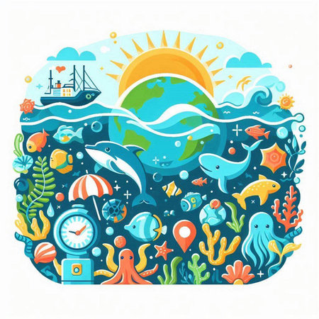 Sea life concept. Vector illustration of sea life in flat style.のイラスト素材