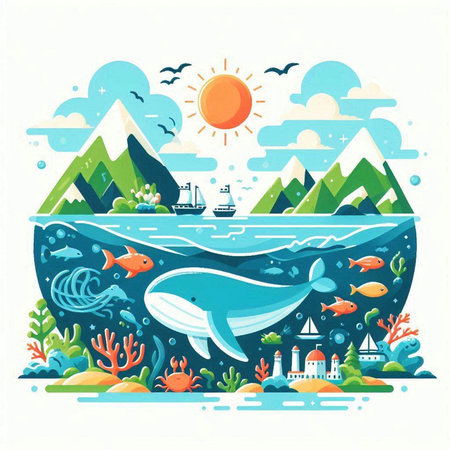 Sea landscape with fish, mountains and boats. Vector illustration in flat styleのイラスト素材