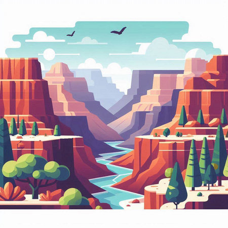 Cartoon landscape with river, mountains and forest. Vector illustration.のイラスト素材