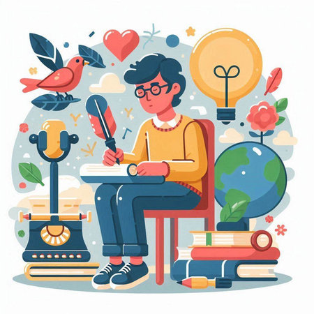 Vector illustration of a man sitting in a chair and writing on a book.のイラスト素材