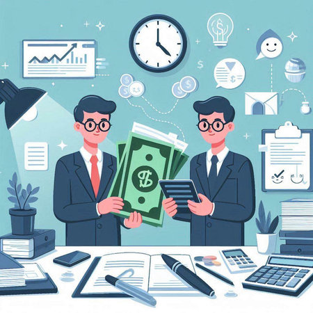 Vector illustration of a businessman with a pack of dollars in his hands.のイラスト素材