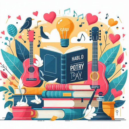 Vector illustration of books, guitar, cup of coffee, light bulb, flowers and birds.のイラスト素材