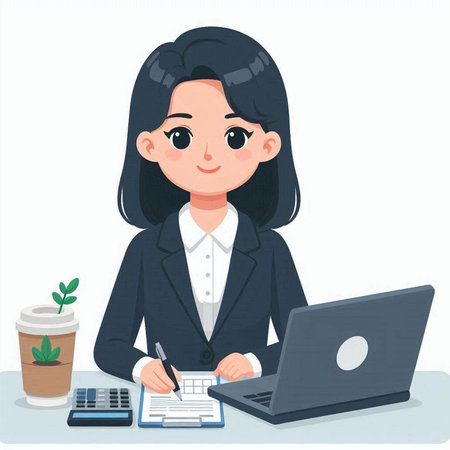 Business woman working at office with laptop and calculator. Vector illustration.のイラスト素材