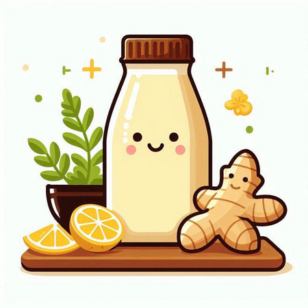 Kawaii ginger milk bottle with lemon and ginger root. Vector illustration.のイラスト素材
