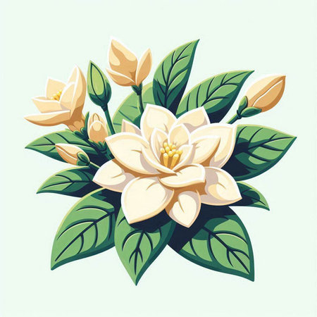 Beautiful jasmine flowers with green leaves. Vector illustration.のイラスト素材