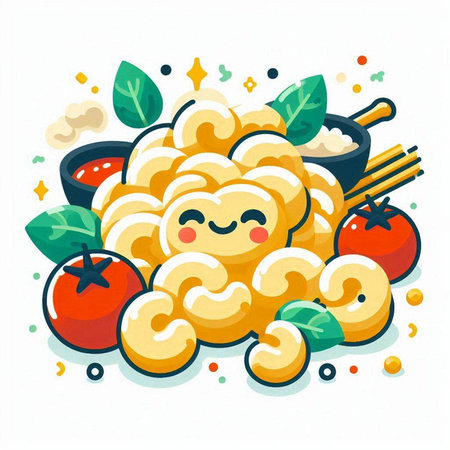 Vector illustration of tasty pasta with kawaii face and vegetables on the background.のイラスト素材
