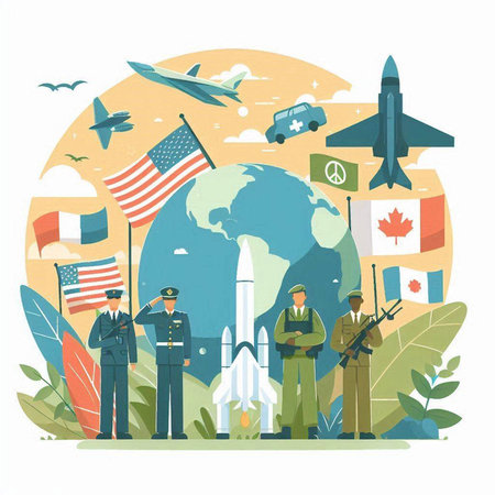 World war 2 concept with soldiers and military equipment, flat vector illustrationのイラスト素材