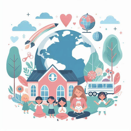 Vector illustration of kids meditating in front of school building and globeのイラスト素材