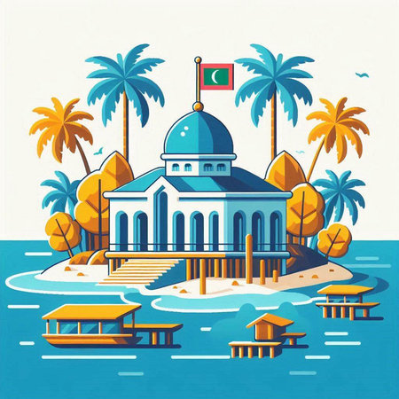 Malaysia building on the island with palm trees. Vector illustration.のイラスト素材