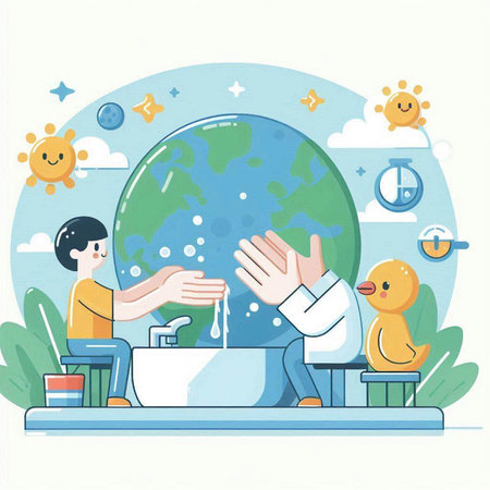 Coronavirus concept. Man washing hands with soap and water. Vector illustrationのイラスト素材