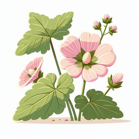 Illustration of pink mallow flowers with green leaves on white backgroundのイラスト素材