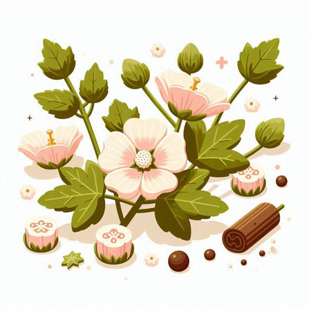 Flower composition with macaroons and cinnamon. Vector illustration.のイラスト素材