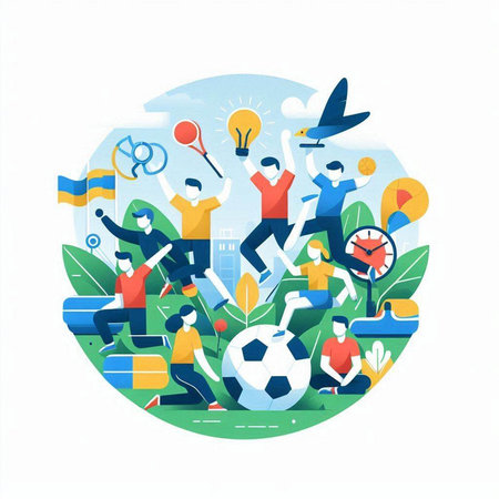 Vector illustration of people playing soccer, football, basketball, rugby, soccer, rugby, basketball, baseball, tennis, badminton. Flat style design.のイラスト素材
