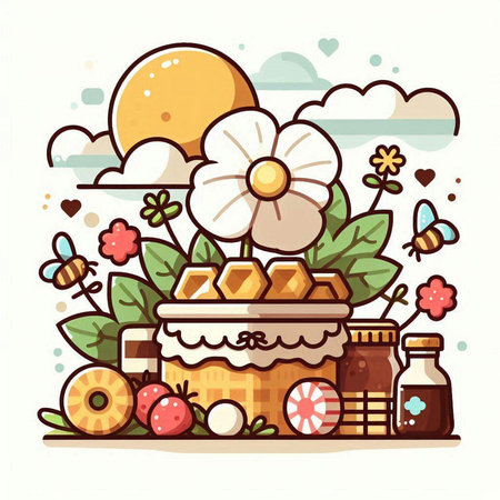 Vector illustration of honey jar with flowers, bees and honeycombsのイラスト素材