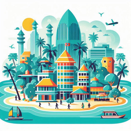Vector illustration of a beach with palm trees, buildings and boats.のイラスト素材