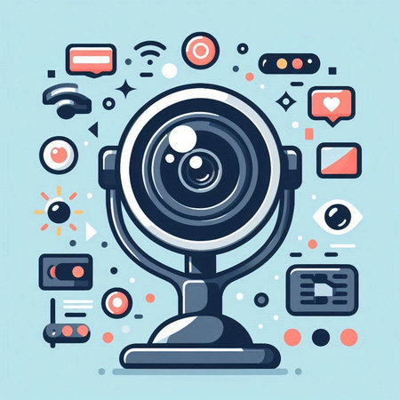 Vector illustration of web camera with social media icons on blue background.のイラスト素材