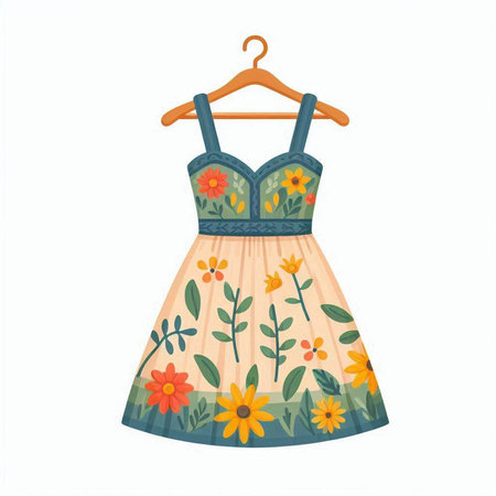 Illustration of a summer dress with floral pattern on a hangerのイラスト素材