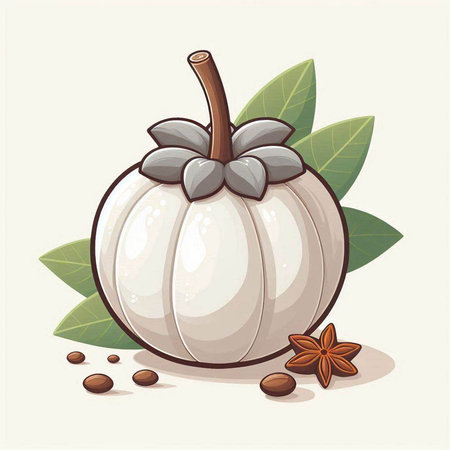 Illustration of a white pumpkin with leaves and spices in a cartoon styleのイラスト素材