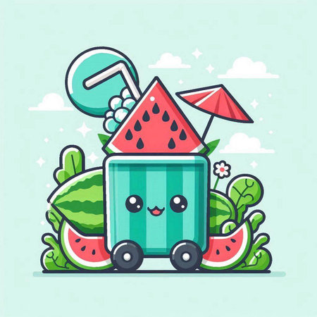 Cute cartoon character of watermelon with summer elements. Vector illustrationのイラスト素材