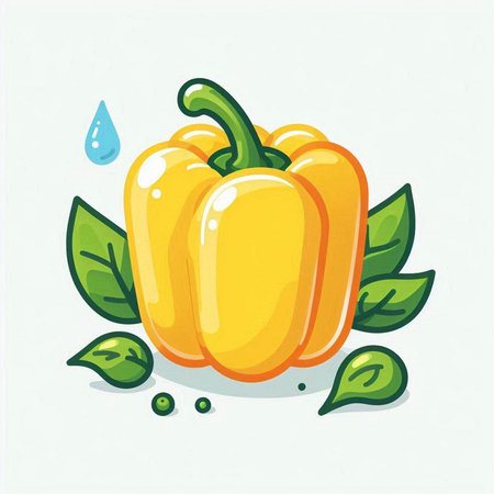 Bell pepper with leaves and water drop. Vector illustration on white background.のイラスト素材