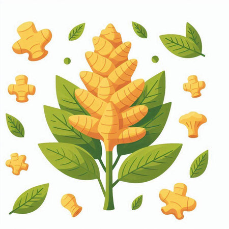 fresh ginger with leafs and seeds isolated icon vector illustration desingのイラスト素材
