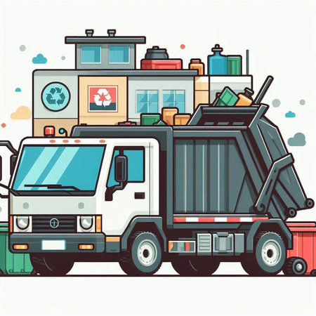 Garbage truck with garbage bags and containers. Vector illustration in cartoon style.のイラスト素材