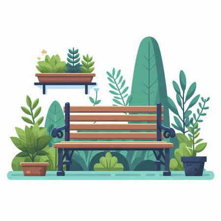 Bench in the garden. Vector illustration in flat style on white background.のイラスト素材