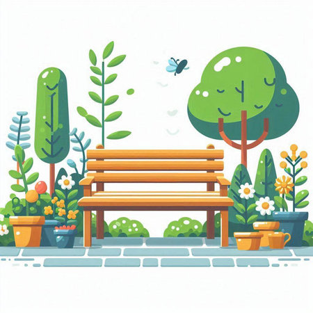 Vector illustration of a bench in the park with flowers and plants.のイラスト素材