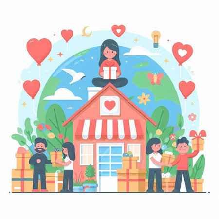 Couples with gifts in front of the house. Flat vector illustration.のイラスト素材