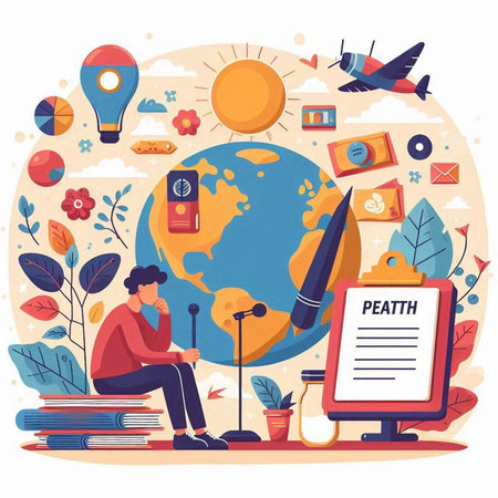 Podcast concept in flat style. Vector illustration with cartoon man sitting on floor, listening to music, reading book, making notes.のイラスト素材