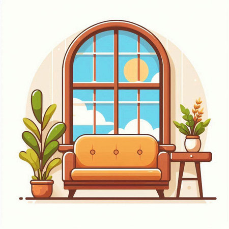 Living room interior with window, sofa and plants. Flat style vector illustration.のイラスト素材