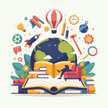 Flat design modern vector illustration concept of education and learning. Online courses, web tutorials, e-learning.のイラスト素材