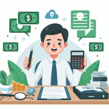 Businessman working at office with calculator and money. Vector illustration.のイラスト素材