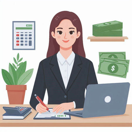 Business woman working at office with laptop, calculator and money. Vector illustration.のイラスト素材