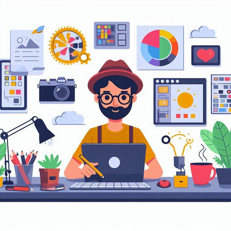 Freelancer man working on laptop at home office. Freelance concept. Vector illustrationのイラスト素材