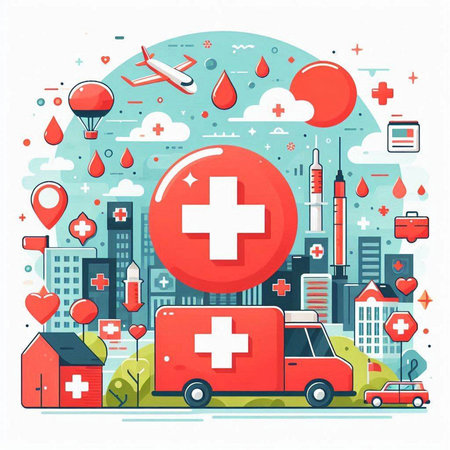 Flat design modern vector illustration concept of healthcare, medical service, emergency, ambulance, ambulance, first aid kit.のイラスト素材