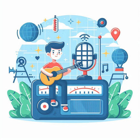 Radio station concept. Vector illustration in flat cartoon style. Man playing guitar.のイラスト素材