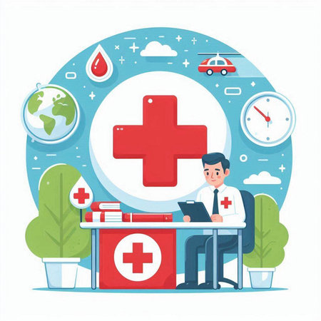 Doctor working at his desk. Flat vector illustration. Healthcare and medical concept.のイラスト素材