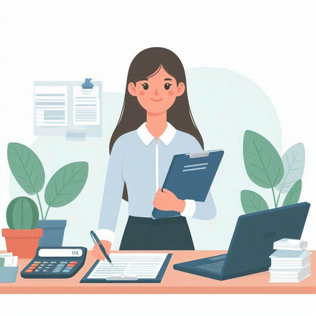 Business woman working at office. Vector illustration in flat style. Business concept.のイラスト素材